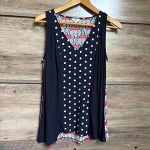 Crown & Ivy Navy Blue Pink Elephant White Polka Dot Sleeveless Blouse Flowy Top